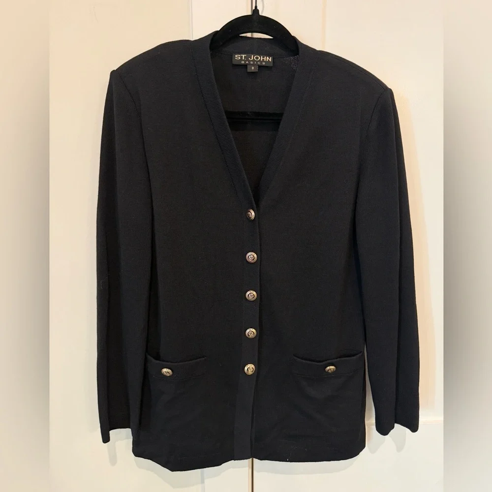 St John Basics Black Knit V-Neck Button Cardigan Sz 8 Quiet Luxury Capsule Chic